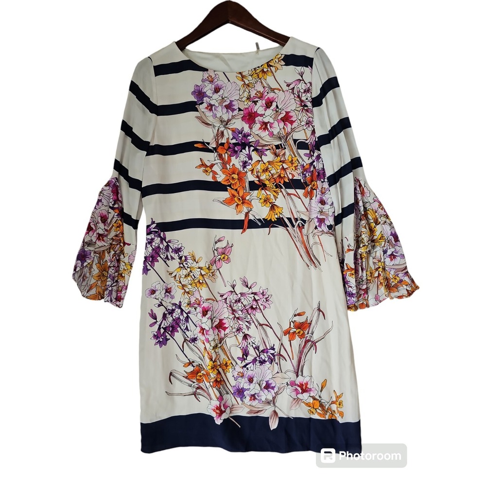 ELIE TAHARI Ula Riviera Floral Boatneck Bell Sleeve Shift Dress Size 8